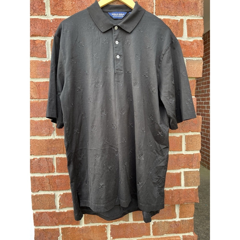 Vintage Polo Ralph Lauren Golf Shirt Mens L Black Club Print AOP Cotton
